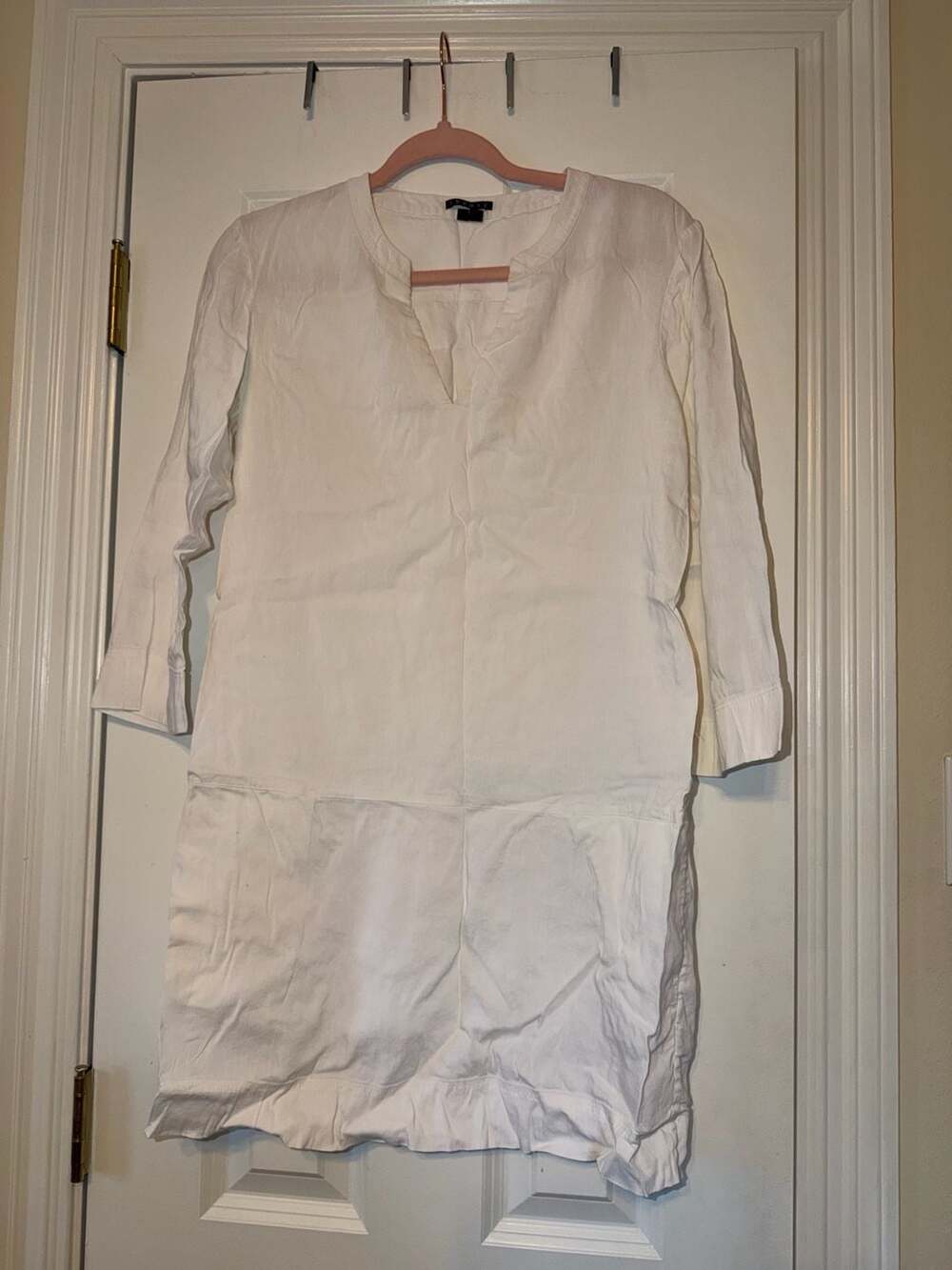 Theory White Linen V-Neck Split Neck Long Sleeve Tunic Shift Dress Size 2